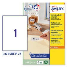 AVERY Etichette in carta bianca 210 x 297mm, 1 etichetta per foglio, adesivo rimovibile, laser e inkjet, 25 fogli