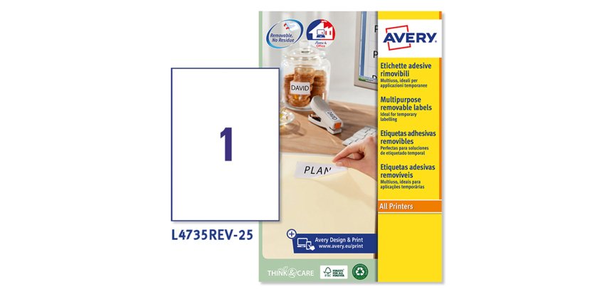 Etichette adesive L4735REV - in carta - angoli arrotondati - rimovibili - 210 x 297 mm - 1 et/fg - 25 fogli - bianco - Avery