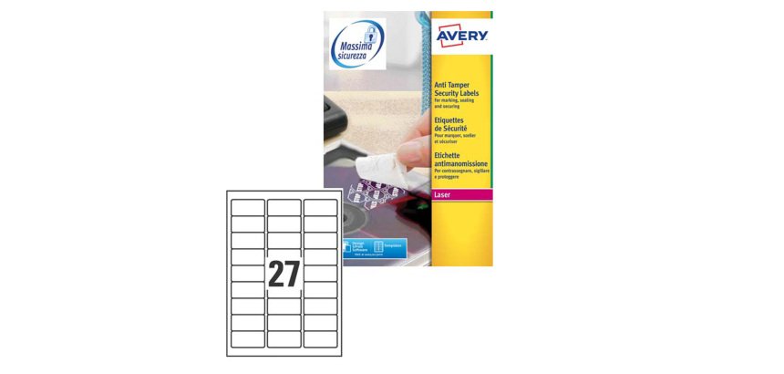 AVERY Etichette bianche antimanomissione 63,5x29,6mm, 27 etichette per foglio, adesivo permanente, laser, 20 fogli