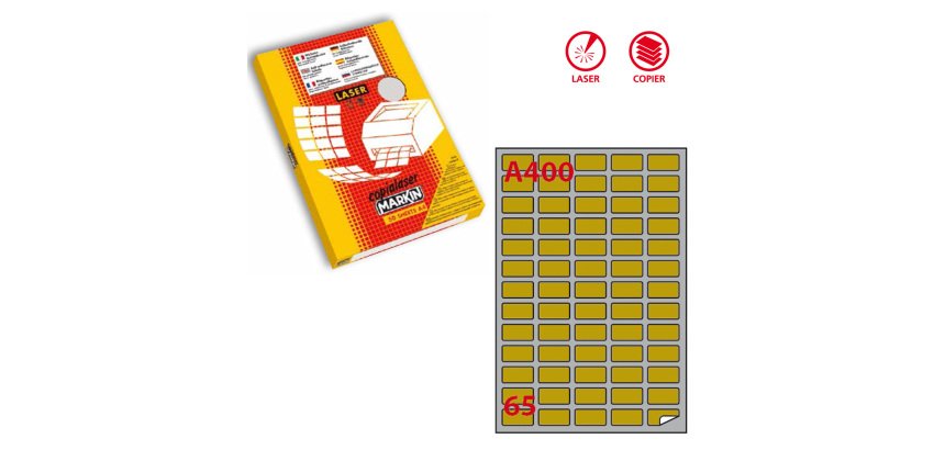 Etichette adesive A/400 - in carta - permanenti - 38,1 x 21,2 mm - 65 et/fg - 100 fogli - oro - angoli tondi - x laser - Markin