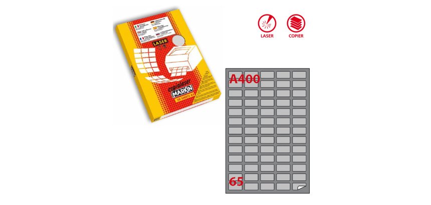 Etichette adesive A/400 - in carta - permanenti - 38,1 x 21,2 mm - 65 et/fg - 100 fogli - argento - angoli tondi - x laser - Markin