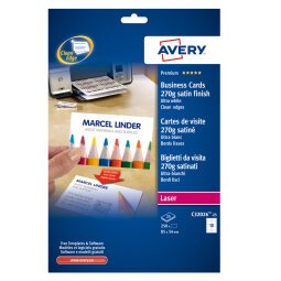 AVERY Biglietti da visita bianchi finitura satinata, 270gr, 85x54mm, laser, stampa fronte e retro, 10 biglietti per foglio, 25 fogli per confezione