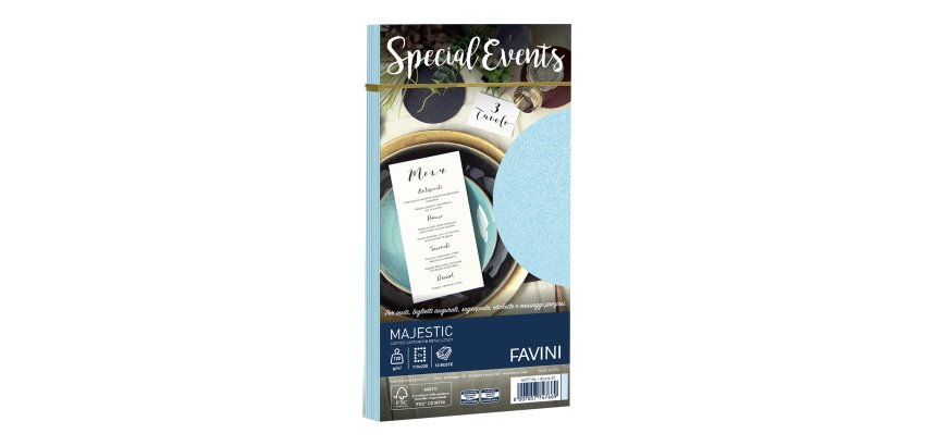 Busta Special Events metal - 110 x 220 mm - 120 gr - azzurro - Favini - conf. 10 buste