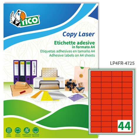 TICO Etichette adesive in carta fluorescente rossa 47,5x25,5mm, 44 etichette per foglio, adesivo permanente, laser/inkjet, 70 fogli