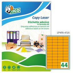 TICO Etichette adesive in carta fluorescente arancione 47,5x25,5mm, 44 etichette per foglio, adesivo permanente, laser/inkjet, 70 fogli