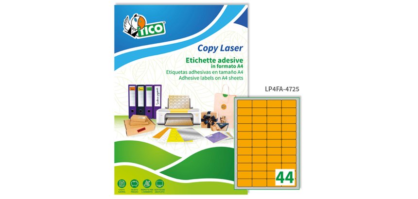 TICO Etichette adesive in carta fluorescente arancione 47,5x25,5mm, 44 etichette per foglio, adesivo permanente, laser/inkjet, 70 fogli