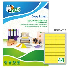 TICO Etichette adesive in carta fluorescente gialla 47,5x25,5mm, 44 etichette per foglio, adesivo permanente, laser/inkjet, 70 fogli