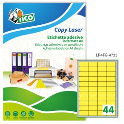 TICO Etichette adesive in carta fluorescente gialla 47,5x25,5mm, 44 etichette per foglio, adesivo permanente, laser/inkjet, 70 fogli