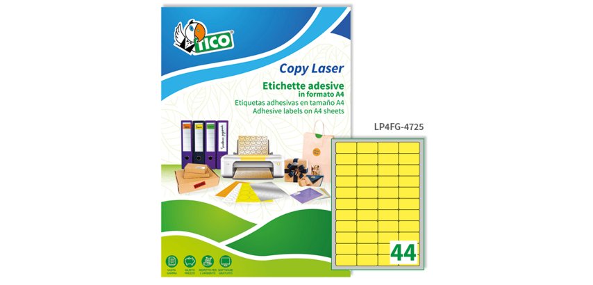 TICO Etichette adesive in carta fluorescente gialla 47,5x25,5mm, 44 etichette per foglio, adesivo permanente, laser/inkjet, 70 fogli