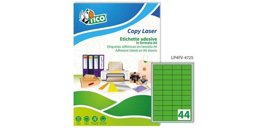 TICO Etichette adesive in carta fluorescente verde 47,5x25,5mm, 44 etichette per foglio, adesivo permanente, laser/inkjet, 70 fogli