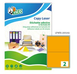 TICO Etichette adesive in carta fluorescente arancione 200x142mm, 2 etichette per foglio, adesivo permanente, laser/inkjet, 70 fogli