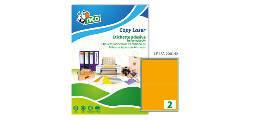 TICO Etichette adesive in carta fluorescente arancione 200x142mm, 2 etichette per foglio, adesivo permanente, laser/inkjet, 70 fogli