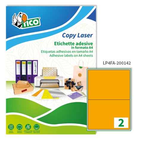 TICO Etichette adesive in carta fluorescente arancione 200x142mm, 2 etichette per foglio, adesivo permanente, laser/inkjet, 70 fogli