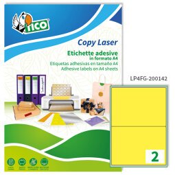 TICO Etichette adesive in carta fluorescente gialla 200x142mm, 2 etichette per foglio, adesivo permanente, laser/inkjet, 70 fogli