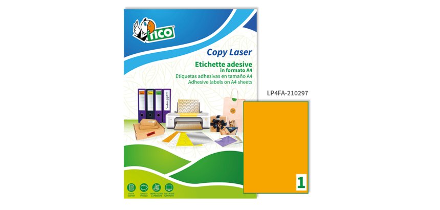 Etichette adesive LP4F - in carta - permanenti - 210 x 297 mm - 1 et/fg - 70 fogli - arancio fluo - Tico