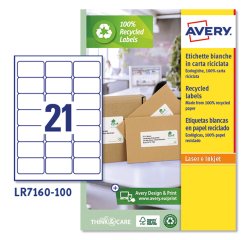 AVERY Etichette bianche in carta riciclata al 100%, 63,5x38,1mm, 21 etichette per foglio, adesivo permanente, laser e inkjet, 100 fogli