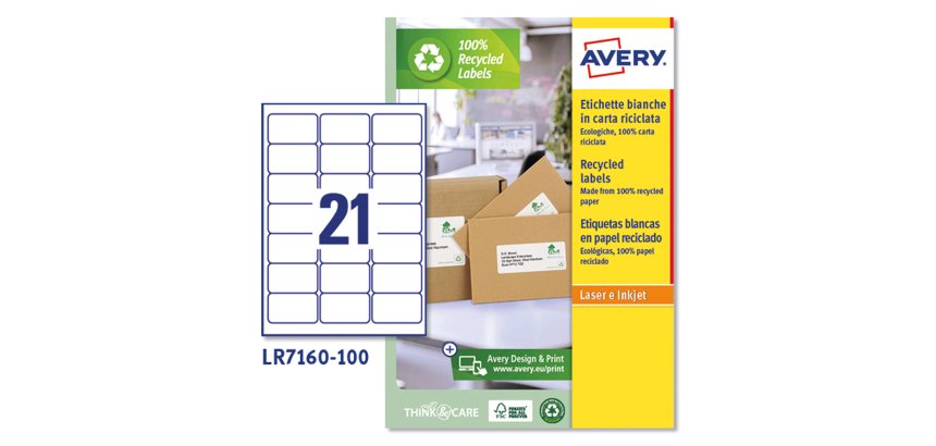 AVERY Etichette bianche in carta riciclata al 100%, 63,5x38,1mm, 21 etichette per foglio, adesivo permanente, laser e inkjet, 100 fogli