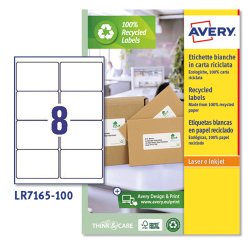 Etichette adesive - in carta riciclata - angoli arrotondati - permanenti - 99,1 x 67,7 mm - 8 et/fg - 100 fogli - bianco - Avery