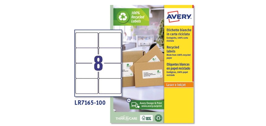 Etichette adesive - in carta riciclata - angoli arrotondati - permanenti - 99,1 x 67,7 mm - 8 et/fg - 100 fogli - bianco - Avery