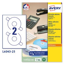 AVERY Etichette in carta bianca per CD con foro largo d.117mm, 2 etichette per foglio, adesivo permanente, laser, 25 fogli