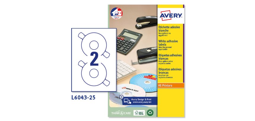 AVERY Etichette in carta bianca per CD con foro largo d.117mm, 2 etichette per foglio, adesivo permanente, laser, 25 fogli