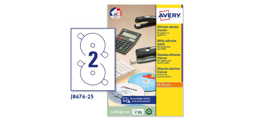 AVERY Etichette in carta bianca per CD d.117mm, 2 etichette per foglio, adesivo permanente, Inkjet, 25 fogli