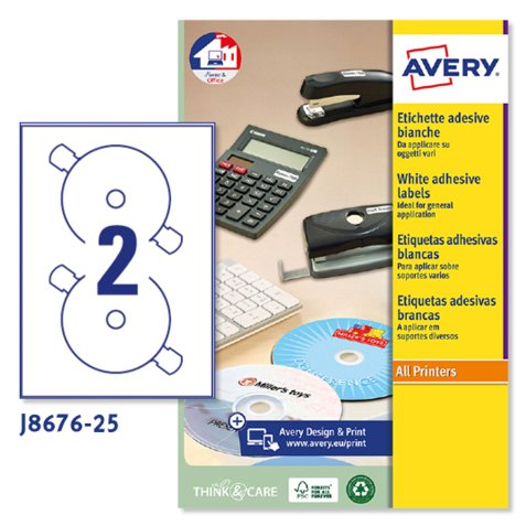 AVERY Etichette in carta bianca per CD d.117mm, 2 etichette per foglio, adesivo permanente, Inkjet, 25 fogli