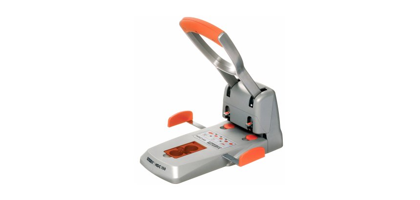 Perforatore HDC150 - max 150 fogli - 2 fori - passo 8 cm - grigio/arancio - Rapid