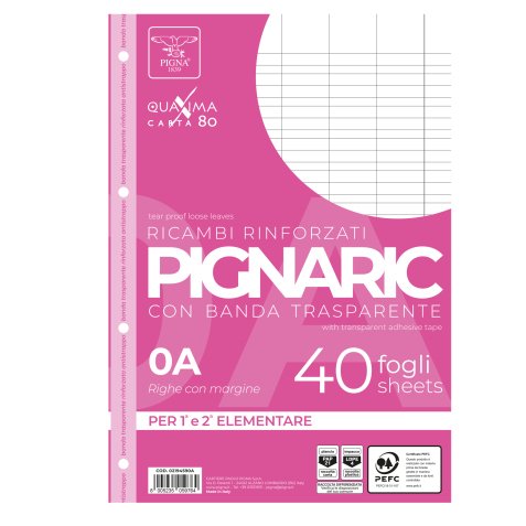 Ricambi forati rinforzati Pignaric - A4 - rigo di 1a - 40 fogli - 80gr - Pigna