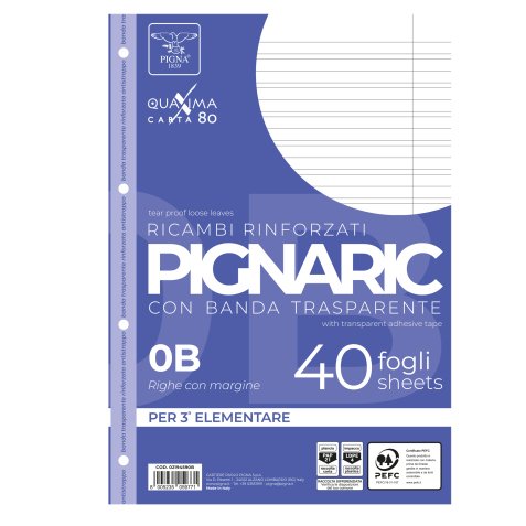 Ricambi forati rinforzati Pignaric - A4 - rigo di 3a - 40 fogli - 80gr - Pigna