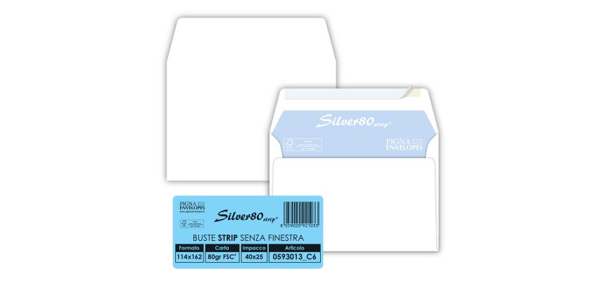 Busta Silver80 Strip FSC - internografata - senza finestra - 11,4 x 16,2 cm - 80 gr - bianco - Pigna Envelopes - conf. 25 pezzi