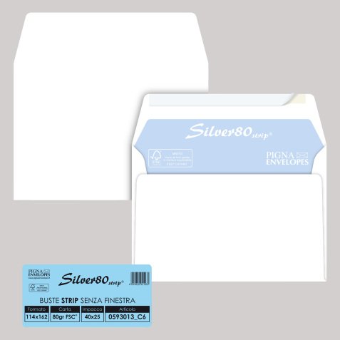 Busta Silver80 Strip FSC - internografata - senza finestra - 11,4 x 16,2 cm - 80 gr - bianco - Pigna Envelopes - conf. 25 pezzi