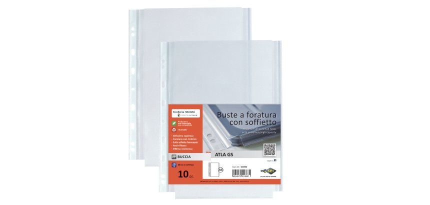 Buste forate Atla GS - PP - 21 x 29,7 cm - c/soffietto - trasparente buccia - Sei Rota - conf. 10 pezzi