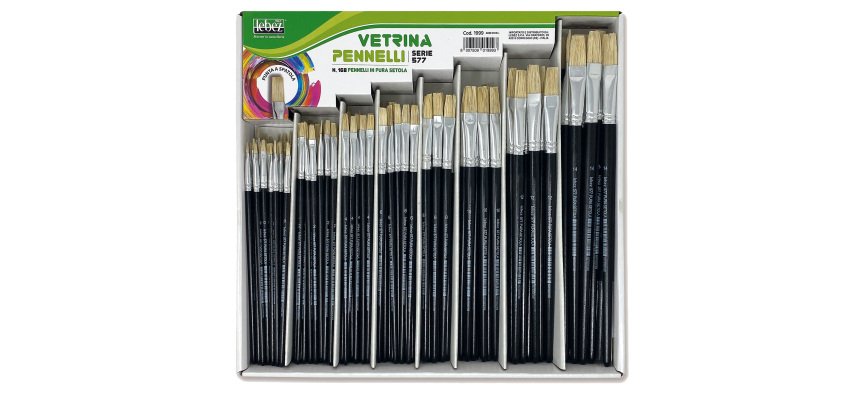 Pennello punta piatta serie 577 - punta a spatola in pura setola - Lebez - Assortimeno vetrinetta 168 pezzi