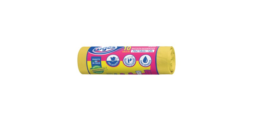 Sacchi per immondizia - 70x110 cm - 120 L - 16 micron - giallo - Logex Professional - rotolo da 10 sacchetti