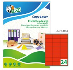TICO Etichette adesive in carta fluorescente rossa 70x36mm, 24 etichette per foglio, adesivo permanente, laser/inkjet, 70 fogli