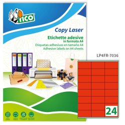 TICO Etichette adesive in carta fluorescente rossa 70x36mm, 24 etichette per foglio, adesivo permanente, laser/inkjet, 70 fogli