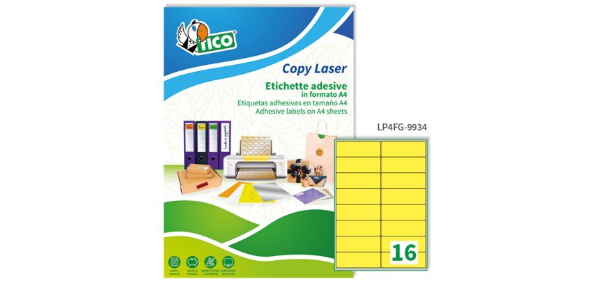 TICO Etichette adesive in carta fluorescente gialla 99,1x34mm, 16 etichette per foglio, adesivo permanente, laser/inkjet, 70 fogli