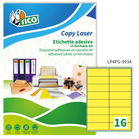 TICO Etichette adesive in carta fluorescente gialla 99,1x34mm, 16 etichette per foglio, adesivo permanente, laser/inkjet, 70 fogli