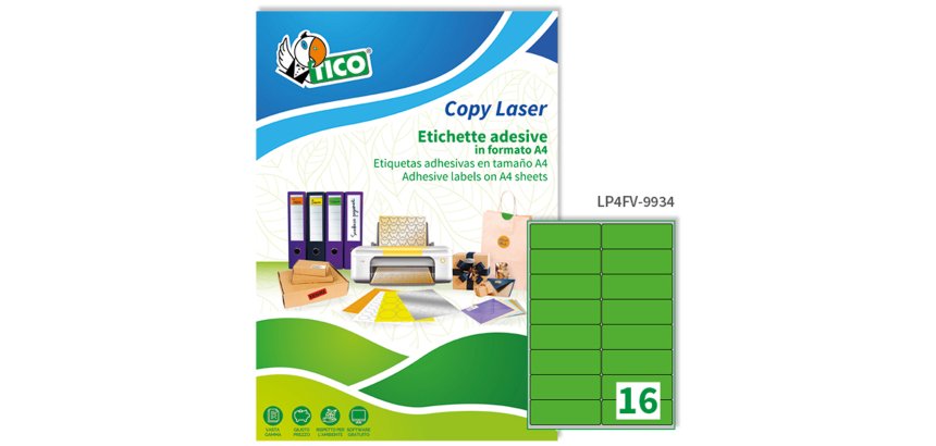 TICO Etichette adesive in carta fluorescente verde 99,1x34mm, 16 etichette per foglio, adesivo permanente, laser/inkjet, 70 fogli