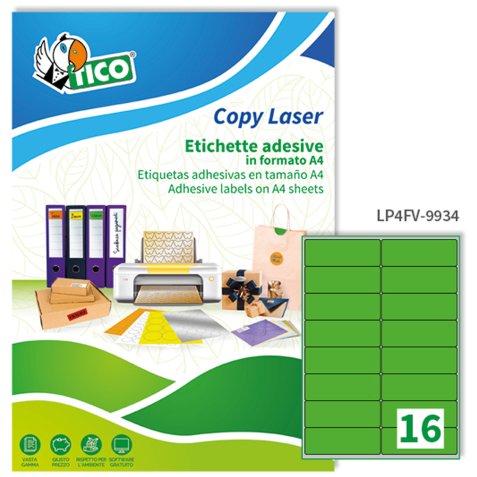 TICO Etichette adesive in carta fluorescente verde 99,1x34mm, 16 etichette per foglio, adesivo permanente, laser/inkjet, 70 fogli