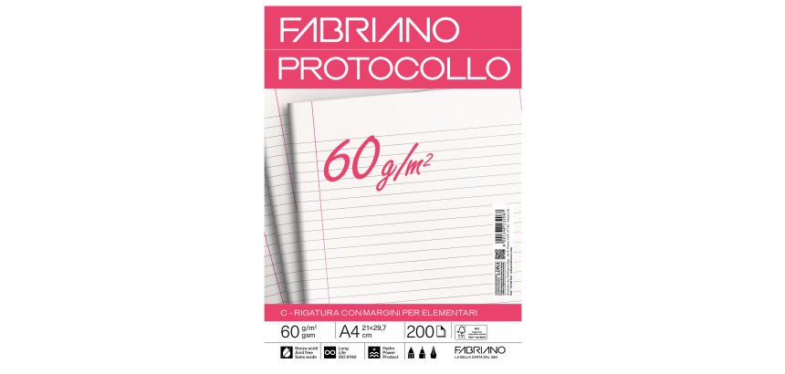Foglio protocollo - A4 - 1 rigo c/margine - 60 gr - Fabriano - conf. 200 pezzi