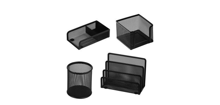 Set scrivania - 4 accessori - rete metallica - nero - Lebez