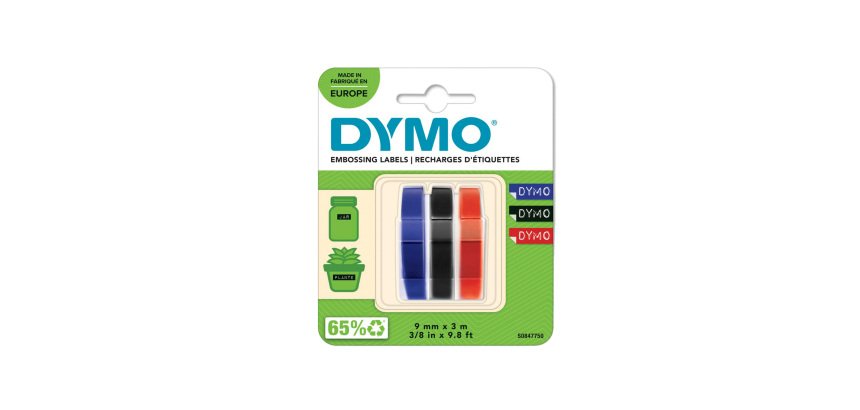 DYMO Authentic Embossing Labels | 9mm x 3m | BlackBlue & Red Self-Adhesive Labelling Tape | for Embossing Label Makers | 3 Count | Made in Europe
