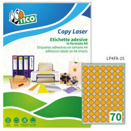 TICO Etichette adesive in carta fluorescente arancione d. 25mm, 70 etichette per foglio, adesivo permanente, laser/inkjet, 70 fogli