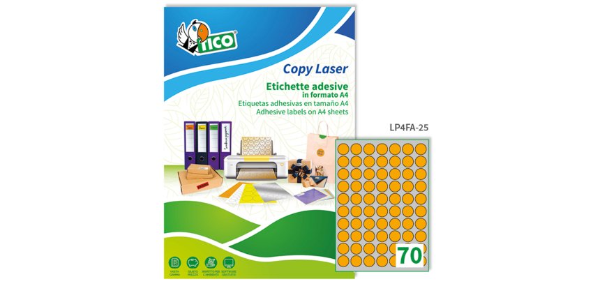TICO Etichette adesive in carta fluorescente arancione d. 25mm, 70 etichette per foglio, adesivo permanente, laser/inkjet, 70 fogli