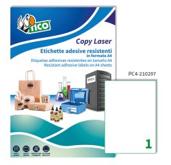 TICO Etichette adesive trasparenti lucide 210x297mm, 1 etichette per foglio, adesivo permanente, laser / offset / serigrafica / tipografica, 100 fogli