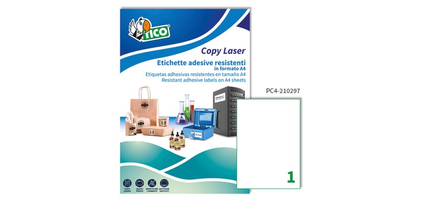 Etichette adesive PC4 - in poliestere - laser - permanenti - 210 x 297 mm - 1 et/fg - 100 fogli - trasparente - Tico