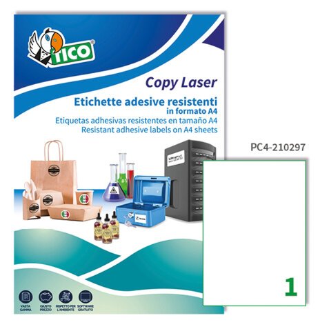 TICO Etichette adesive trasparenti lucide 210x297mm, 1 etichette per foglio, adesivo permanente, laser / offset / serigrafica / tipografica, 100 fogli