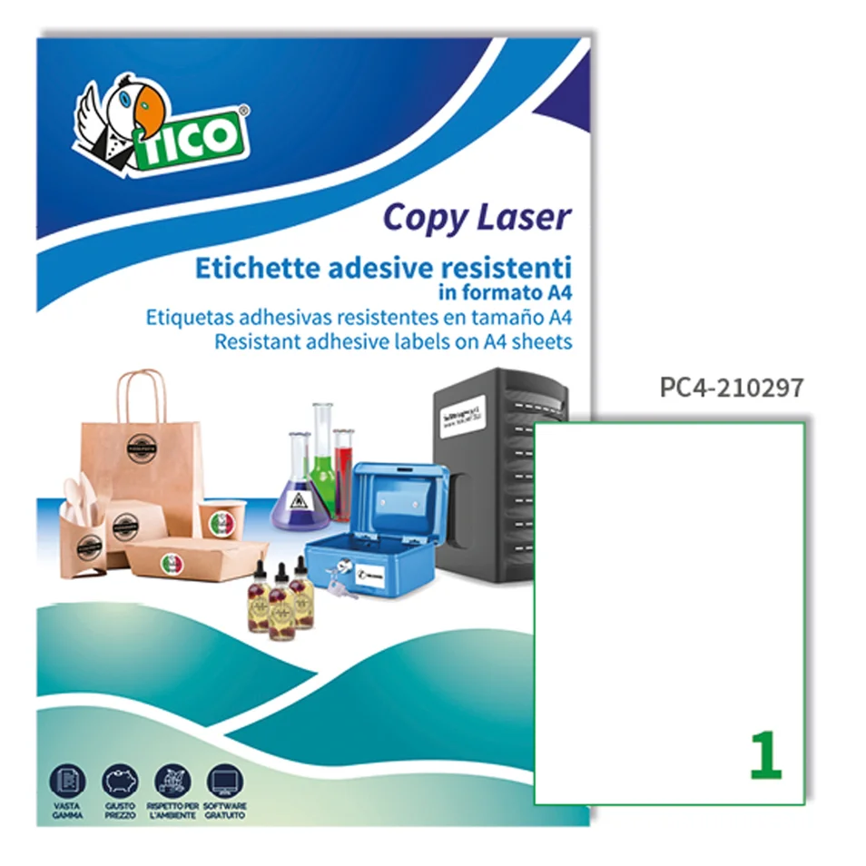 TICO Etichette adesive trasparenti lucide 210x297mm, 1 etichette per  foglio, adesivo permanente, laser / offset / serigrafica / tipografica, 100  fogli su